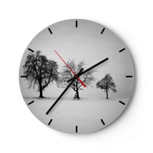 Relógio de parede - Relógio em vidro - Três árvores solitárias em um campo nevado em preto e branco. - 30x30cm - Com que sonham elas? - Decoração de parede moderna para a sala de estar, cozinha e quarto ARTTOR