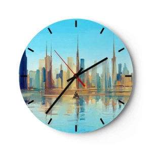 Relógio de parede - Relógio em vidro - panorama da cidade refletido na água em tons brilhantes - 30x30cm - Uma metrópole ensolarada - Decoração de parede moderna para a sala de estar, cozinha e quarto ARTTOR
