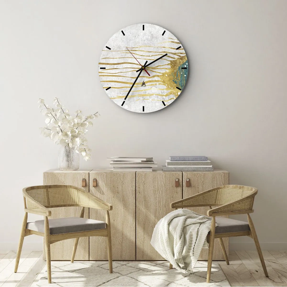 Relógio de parede - Relógio em vidro - Linhas douradas e textura turquesa em fundo branco - 30x30cm - Maré Dourada - Decoração de parede moderna para a sala de estar, cozinha e quarto ARTTOR