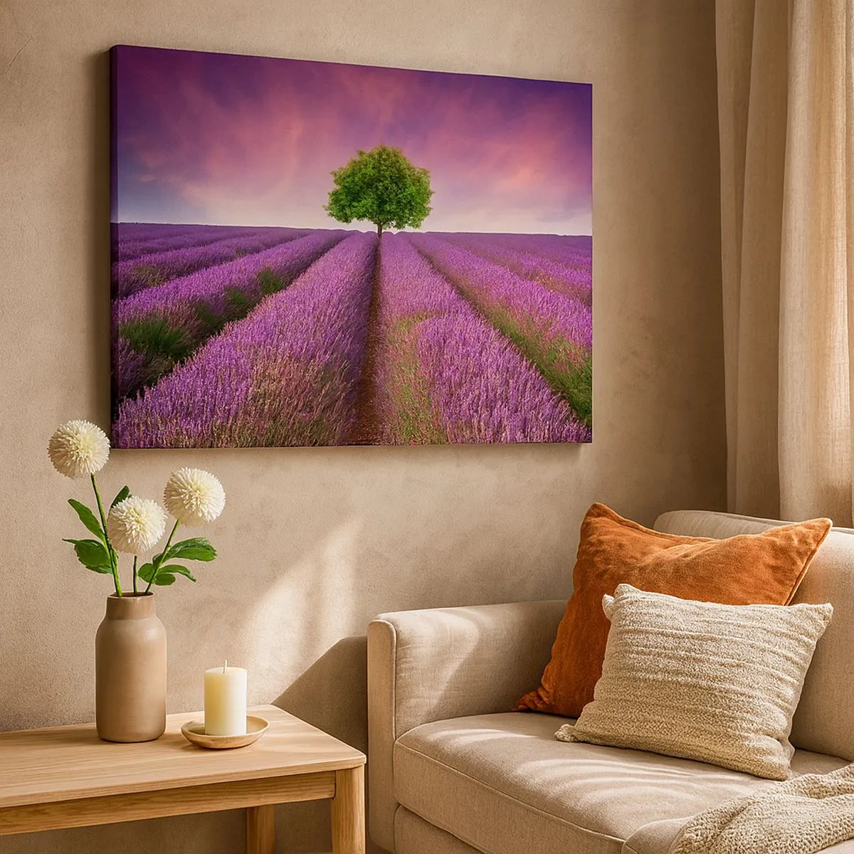 Quadro em tela - Um campo de lavanda com uma árvore solitária e um céu roxo - 70x50cm - Nos campos de lavanda - Decoração de parede moderna para a sala de estar e quarto ARTTOR