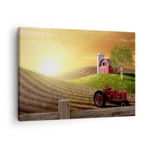 Quadro em tela - Paisagem rural com um celeiro vermelho, trator e nascer do sol - 70x50cm - Uma fazenda como num conto de fadas - Decoração de parede moderna para a sala de estar e quarto ARTTOR