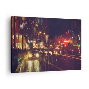 Quadro em tela - Cena noturna da cidade com luzes coloridas e reflexos de rua - 70x50cm - Imerso nas luzes da noite - Decoração de parede moderna para a sala de estar e quarto ARTTOR