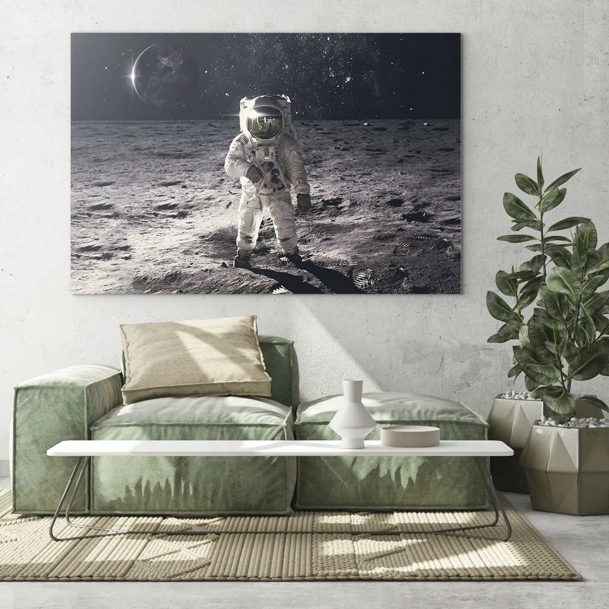 Quadro em vidro - Astronauta na superfície da Lua com a Terra ao fundo - 70x50cm - Saudações da Lua - Decoração de parede moderna para a sala de estar e quarto ARTTOR