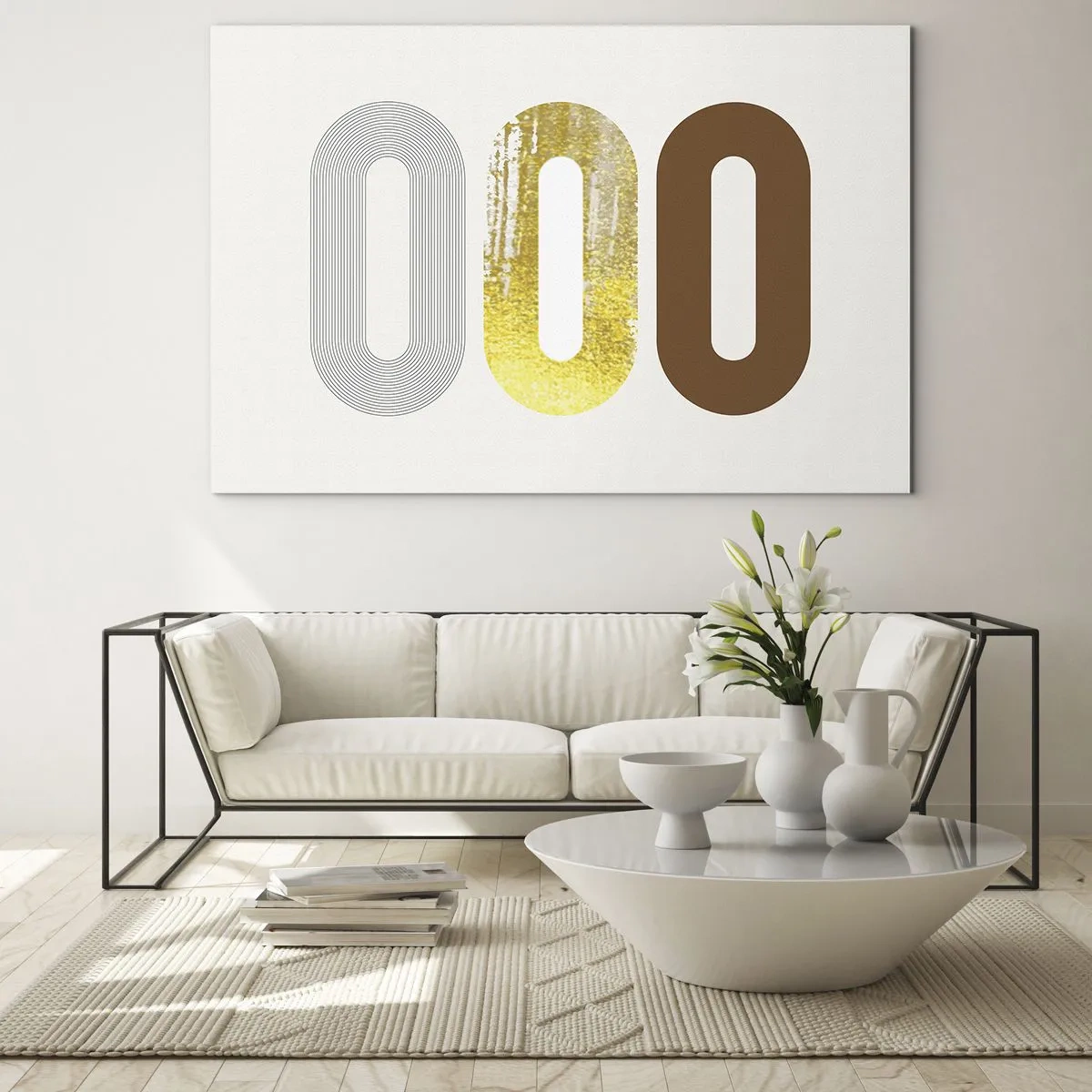 Quadro em vidro - Gráficos geométricos modernos em ouro e bronze - 70x50cm - Uuu! - Decoração de parede moderna para a sala de estar e quarto ARTTOR
