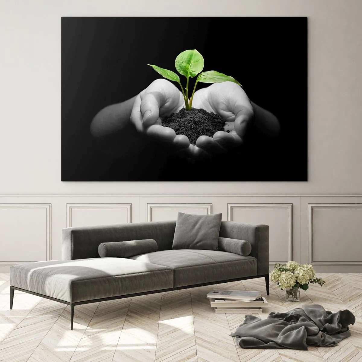 Quadro em vidro - Uma planta jovem nas mãos contra um fundo preto - 70x50cm - Eu amo a natureza, eu a protejo - Decoração de parede moderna para a sala de estar e quarto ARTTOR