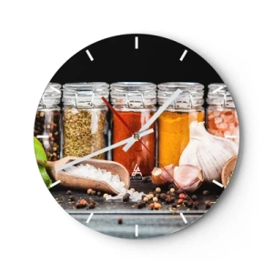 Relógio de parede - Relógio em vidro - Especiarias coloridas em potes e acessórios de cozinha - 30x30cm - Para que a vida tenha um sabor - Decoração de parede moderna para a sala de estar, cozinha e quarto ARTTOR