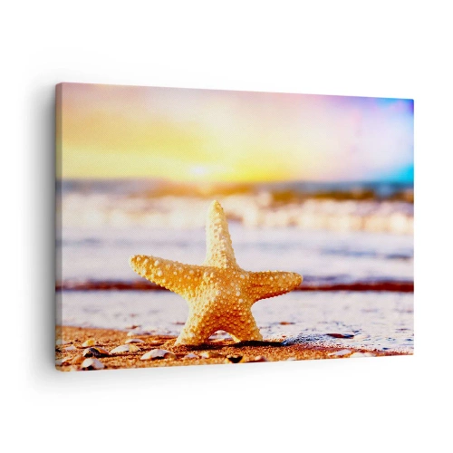 Quadro em tela - Uma estrela do mar em uma praia de areia sob o brilho do sol poente - 70x50cm - Presente do mar - Decoração de parede moderna para a sala de estar e quarto ARTTOR