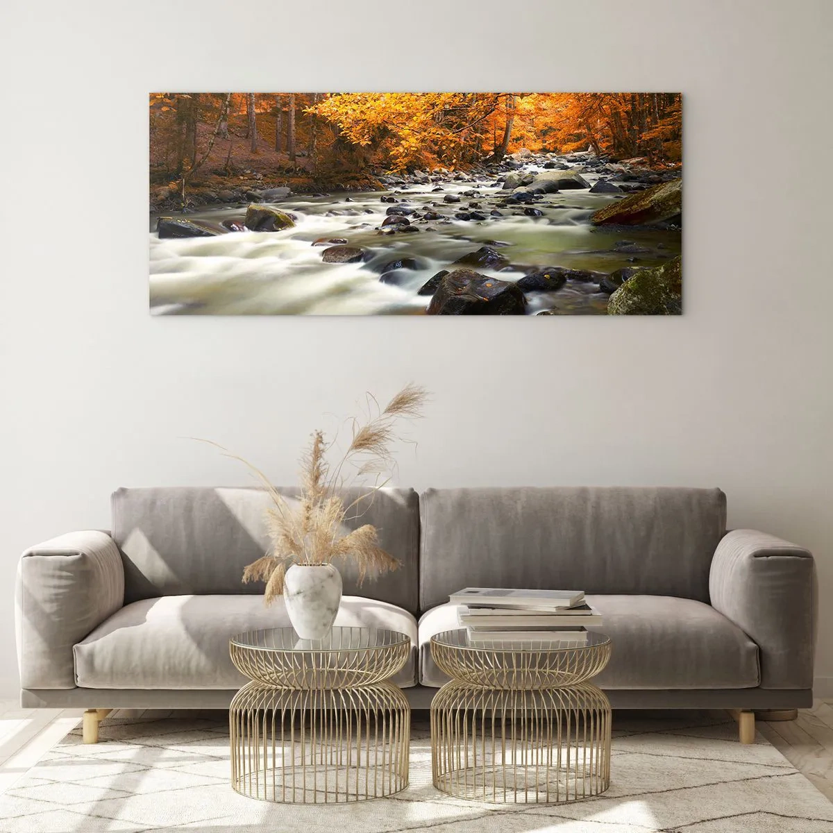 Quadro em vidro - Um riacho na floresta dourada - 100x40 cm