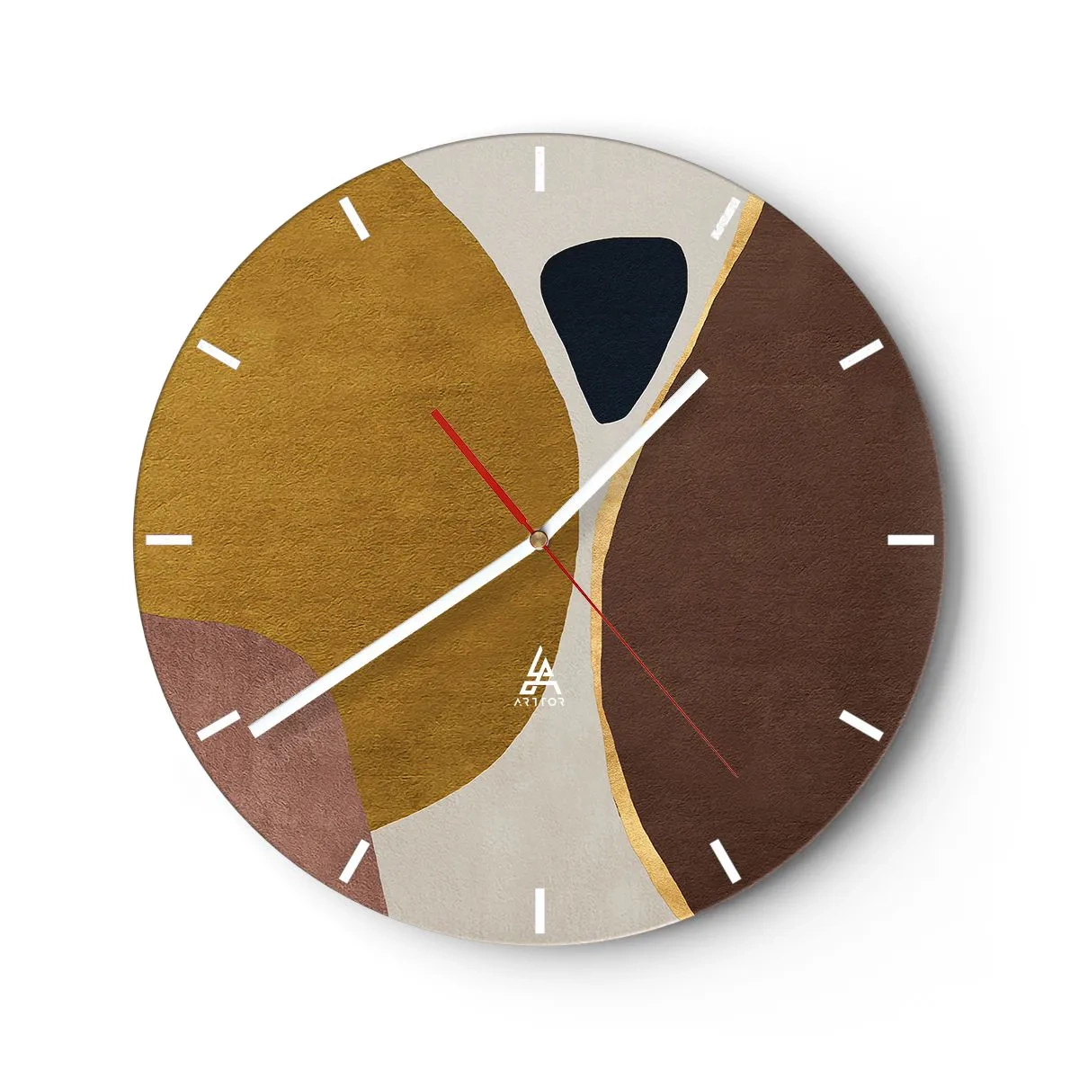Relógio de parede - Relógio em vidro - Formas abstratas em tons de marrom, bege e dourado - 30x30cm - Abstração – um lugar no espaço - Decoração de parede moderna para a sala de estar, cozinha e quarto ARTTOR