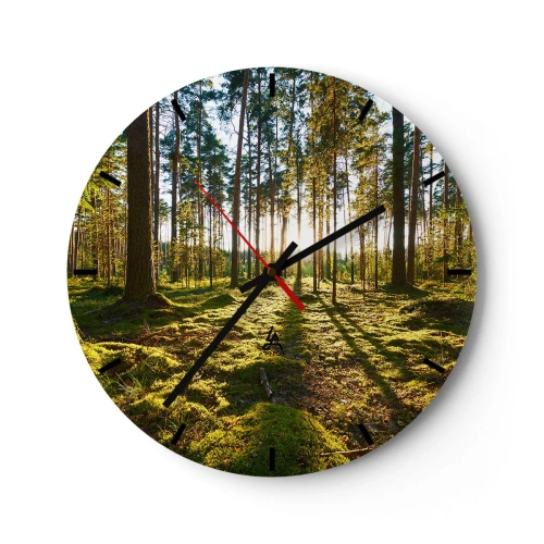 Relógio de parede - Relógio em vidro - luz do sol brilhando através das árvores altas da floresta - 30x30cm - ...Além das sete florestas - Decoração de parede moderna para a sala de estar, cozinha e quarto ARTTOR