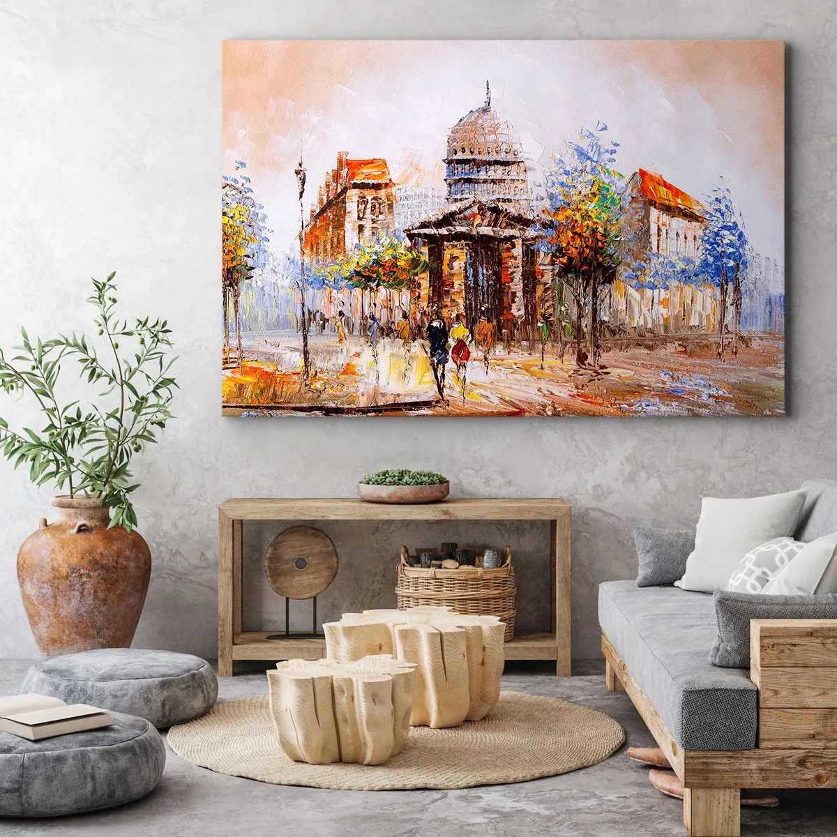 Quadro em tela - Cena urbana impressionista com um edifício histórico - 70x50cm - Passeio por Paris - Decoração de parede moderna para a sala de estar e quarto ARTTOR