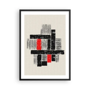 Pôster com moldura preta - Abstração geométrica em preto, vermelho e bege - 50x70cm - Vermelho e preto - Decoração de parede moderna para a sala de estar e quarto ARTTOR