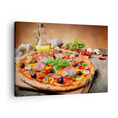 Quadro em tela - Pizza apetitosa em uma mesa de madeira com coberturas - 70x50cm - Com um sabor verdadeiramente italiano - Decoração de parede moderna para a sala de estar e quarto ARTTOR