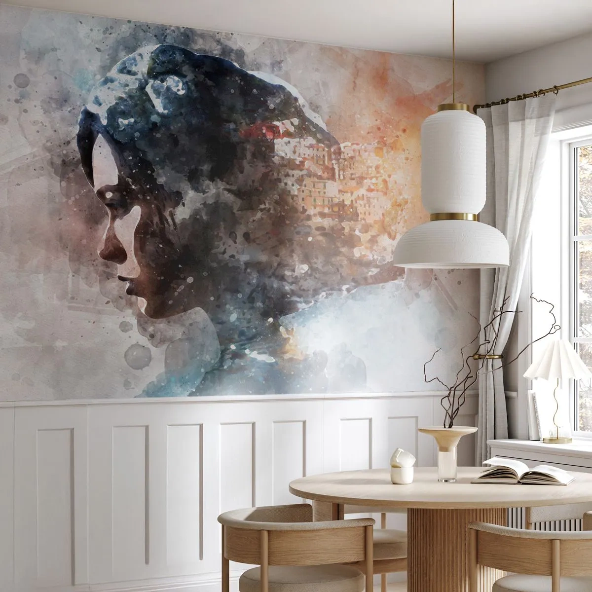 Papel de Parede Autocolante Deluxe Sticker - Uma história sobre uma menina e uma cidade ao fundo - Abstração, Mulher, Arquitetura - 150x105 cm