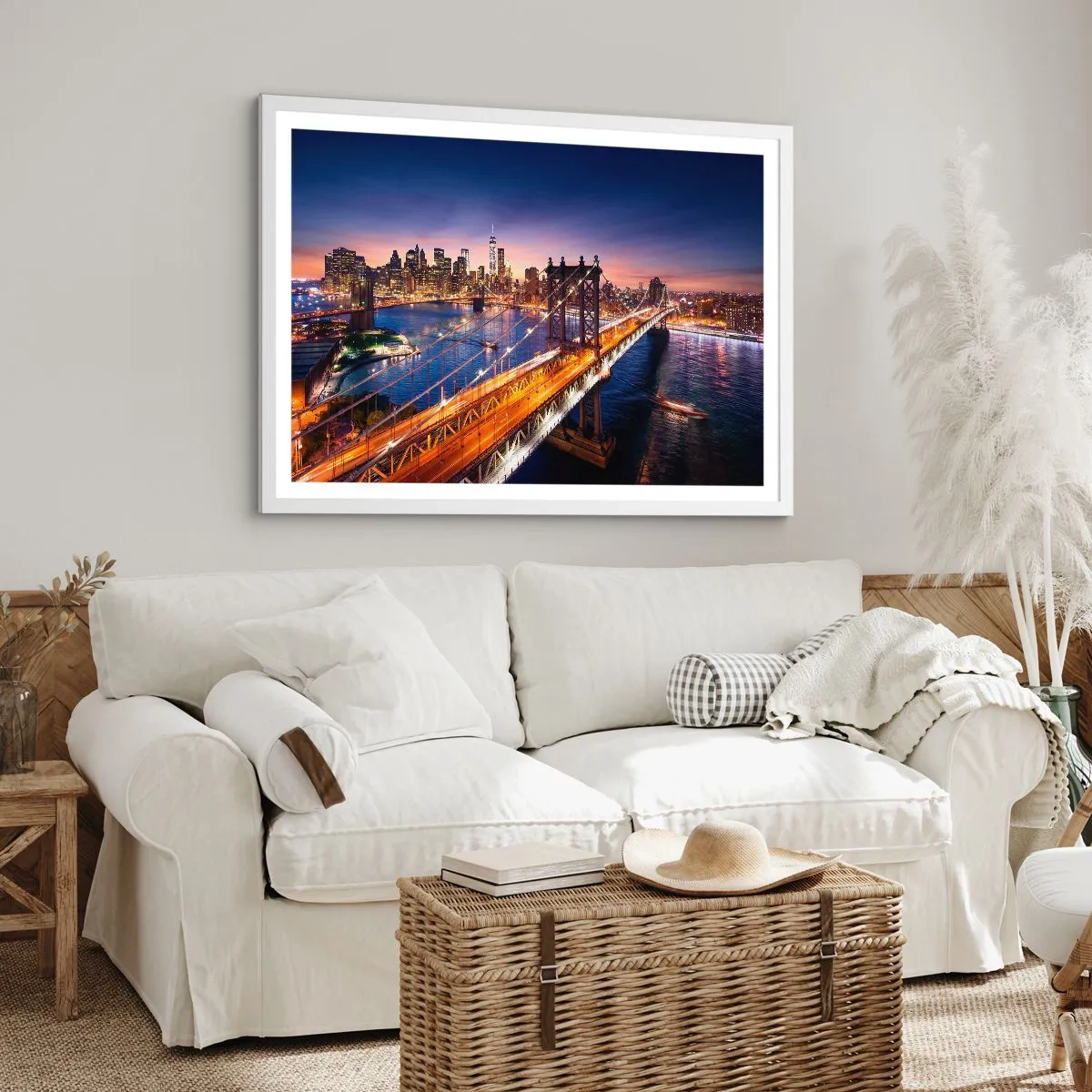 Pôster em moldura branca - Uma ponte luminosa para o coração da cidade - 40x30 cm