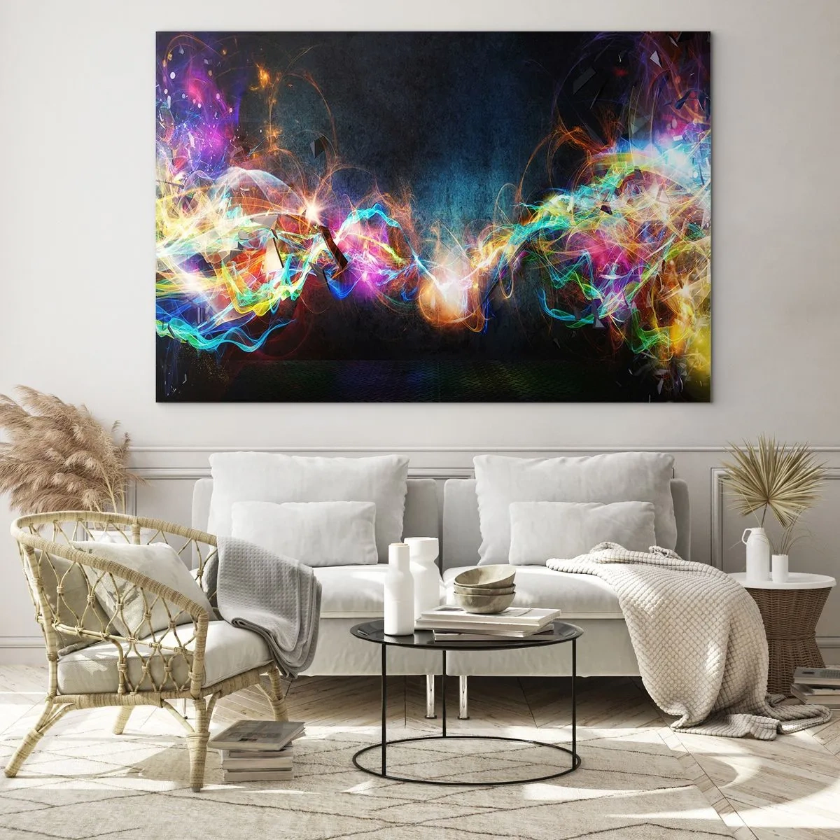 Quadro em vidro - Luzes abstratas e energia colorida em um estilo futurista - 70x50cm - Com alegria contra a escuridão - Decoração de parede moderna para a sala de estar e quarto ARTTOR