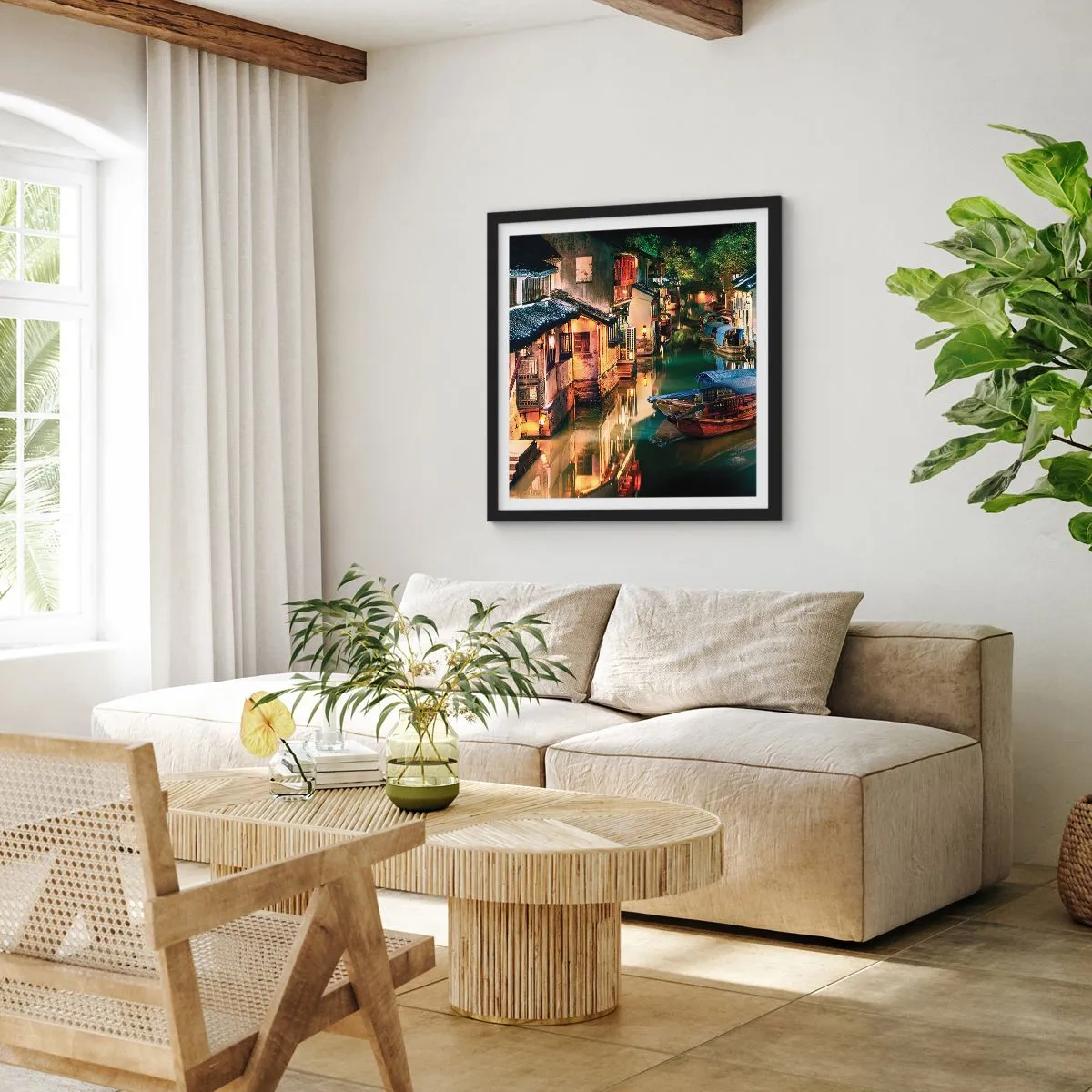 Pôster com moldura preta - Uma noite em uma rua chinesa - 60x60 cm