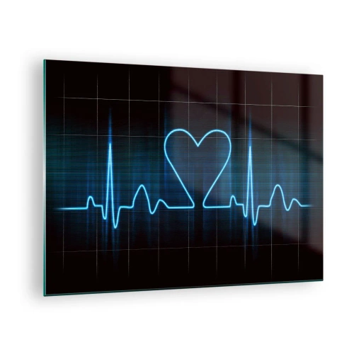 Quadro em vidro - Linha de vida com um coração em um fundo escuro em luz azul - 70x50cm - No ritmo do coração - Decoração de parede moderna para a sala de estar e quarto ARTTOR