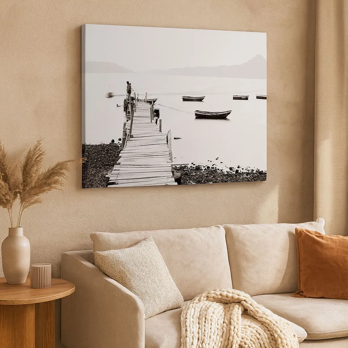 Quadro em tela - Píer de madeira e barcos em águas calmas - 70x50cm - Sobre água calma e límpida - Decoração de parede moderna para a sala de estar e quarto ARTTOR