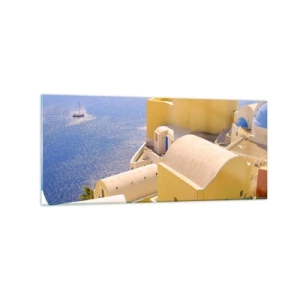 Quadro em vidro - Paisagem grega em branco e azul - 120x50 cm