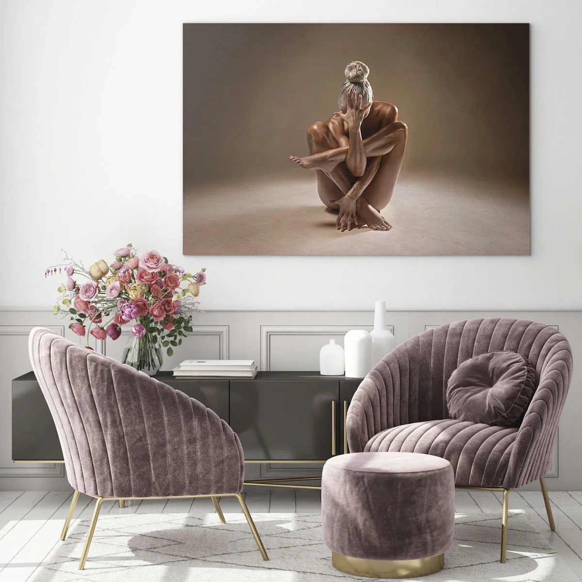 Quadro em vidro - Uma mulher sensual em uma pose artística contra um fundo de sombra. - 70x50cm - Unidade de corpo e alma - Decoração de parede moderna para a sala de estar e quarto ARTTOR