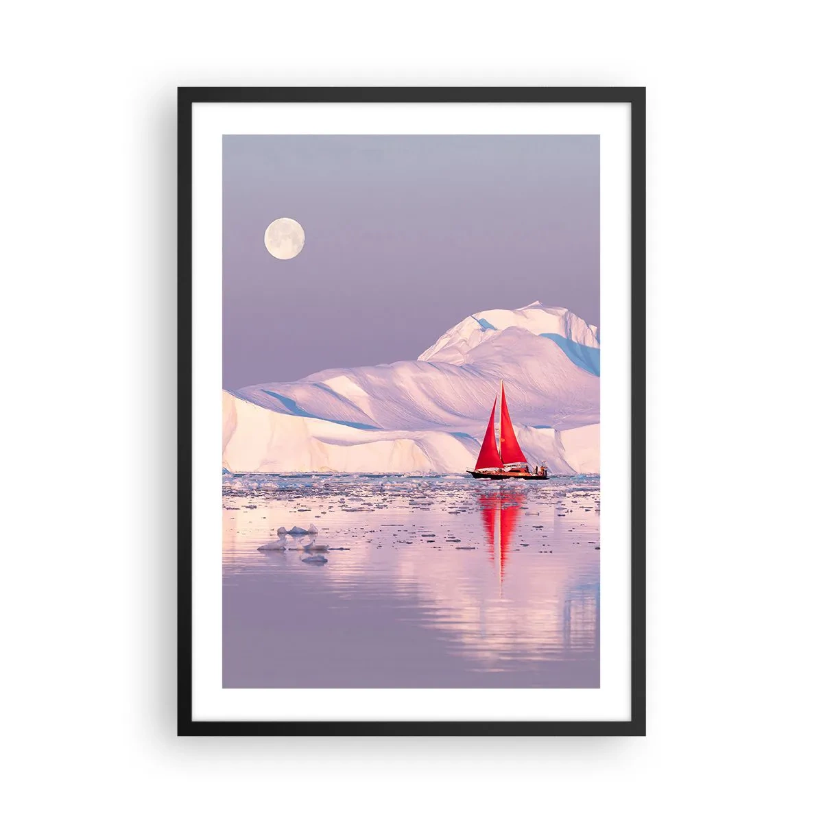 Pôster com moldura preta - Uma vela vermelha contra um fundo de icebergs sob a lua cheia - 50x70cm - O calor da vela, a frieza do gelo - Decoração de parede moderna para a sala de estar e quarto ARTTOR