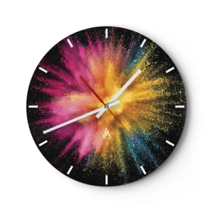 Relógio de parede - Relógio em vidro - Um relógio de parede em forma de relógio redondo sobre vidro com efeito de explosão de pó colorido em tons de rosa, amarelo e azul sobre fundo preto. - 30x30cm - O nascimento das cores