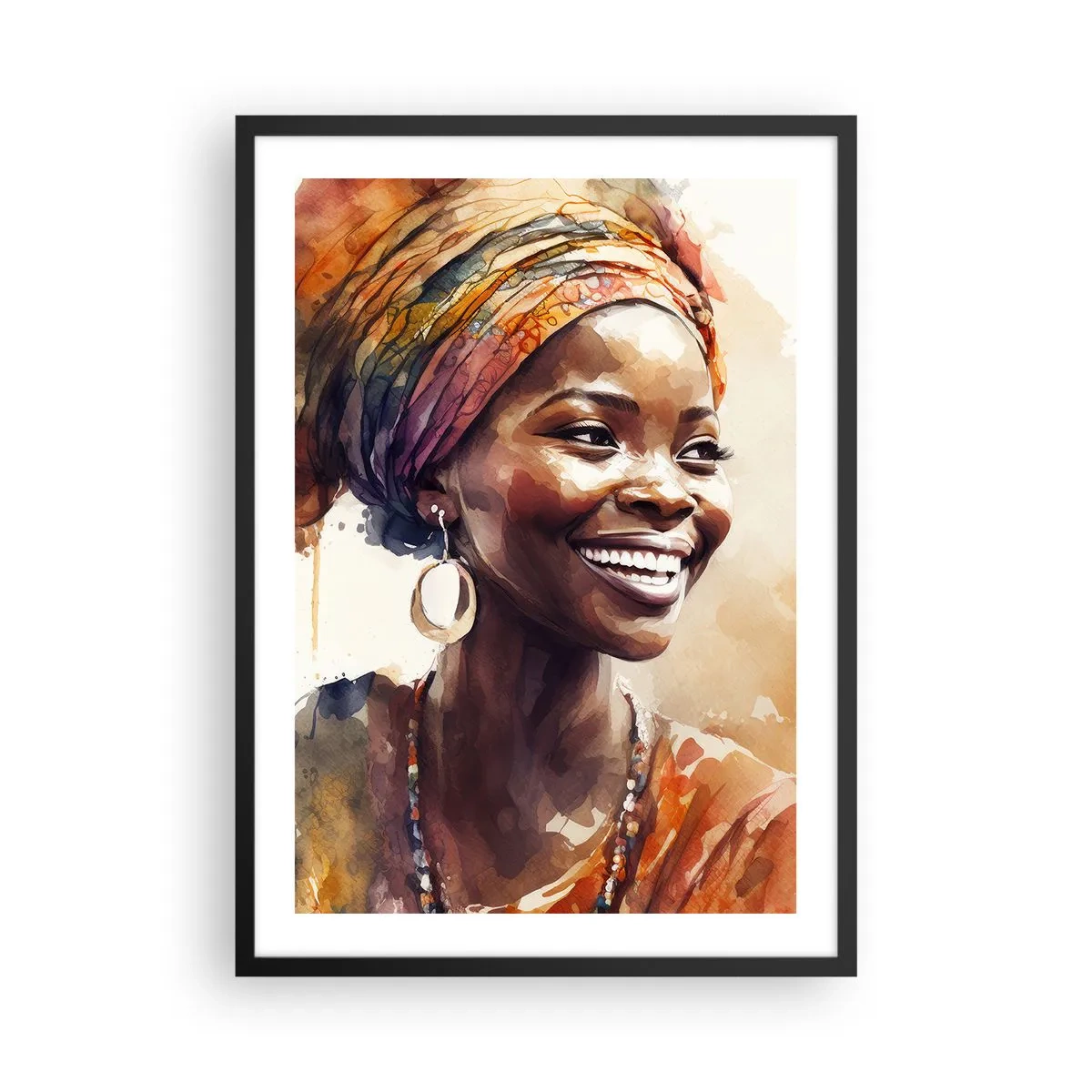 Pôster com moldura preta - Retrato de uma mulher sorridente com um turbante colorido - 50x70cm - Rainha africana - Decoração de parede moderna para a sala de estar e quarto ARTTOR