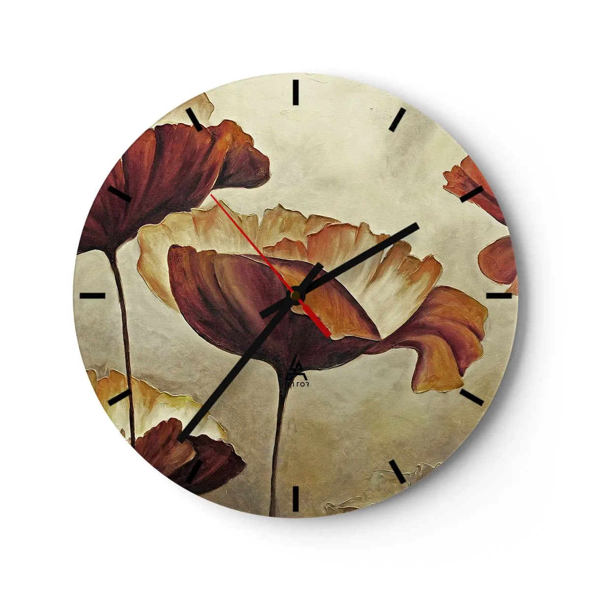 Relógio de parede - Relógio em vidro - Motivo floral artístico em tons quentes de marrom e bege - 30x30cm - Prados e pradarias - Decoração de parede moderna para a sala de estar, cozinha e quarto ARTTOR