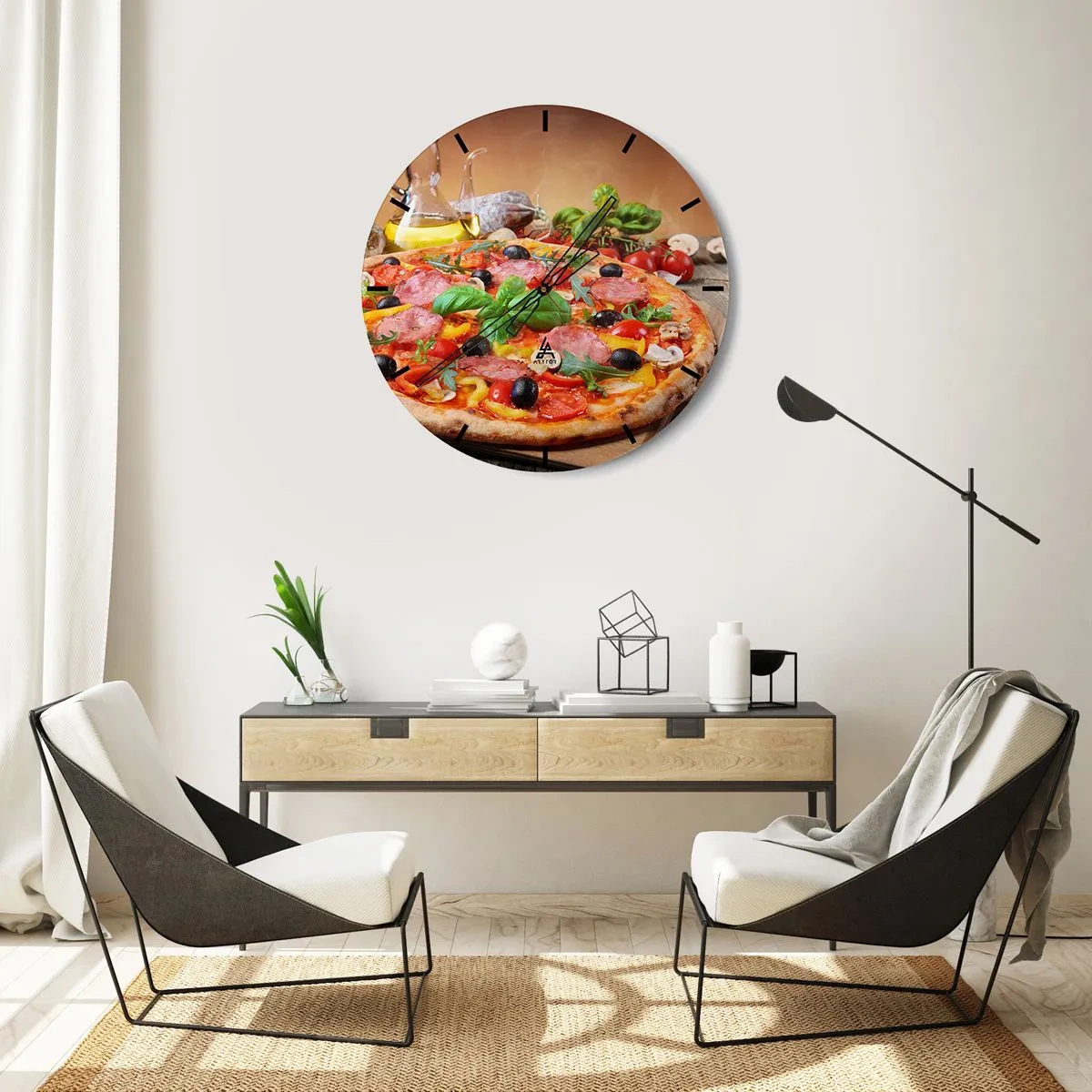 Relógio de parede - Relógio em vidro - Pizza apetitosa com coberturas em uma mesa de madeira - 30x30cm - Com um sabor verdadeiramente italiano - Decoração de parede moderna para a sala de estar, cozinha e quarto ARTTOR
