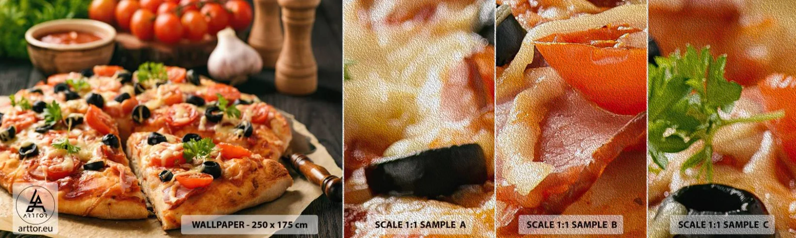 Amostra de papel de parede Premium Sand - Direto do forno - Gastronomia, pizza, Tomate - 100x30 cm