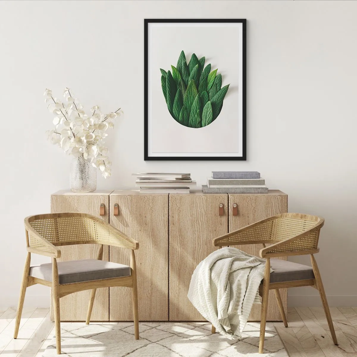 Pôster com moldura preta - Folhas em uma composição artística sobre fundo branco - 50x70cm - Curiosidade indomável - Decoração de parede moderna para a sala de estar e quarto ARTTOR
