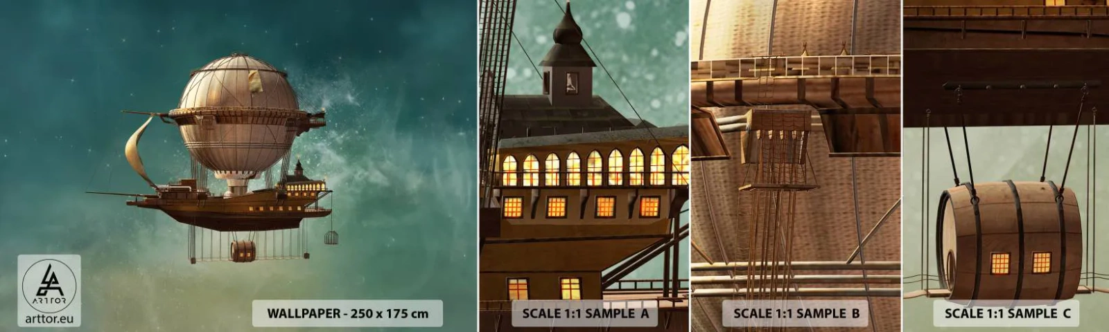 Amostra de Papel de Parede Standard Eco - Saudações de Júlio Verne - Retrô, Viagem, Balão - 100x30 cm