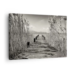 Quadro em tela - Um cais de madeira entre ervas altas sobre um lago em tons de sépia - 70x50cm - No silêncio da relva - Decoração de parede moderna para a sala de estar e quarto ARTTOR