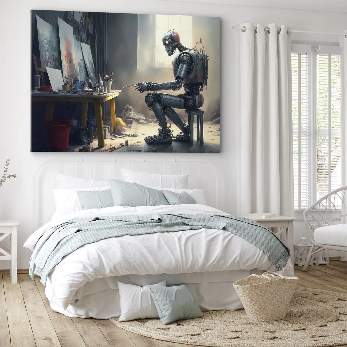 Quadro em tela - Um robô pintando um quadro em um estúdio de arte - 70x50cm - O ato de criação - Decoração de parede moderna para a sala de estar e quarto ARTTOR