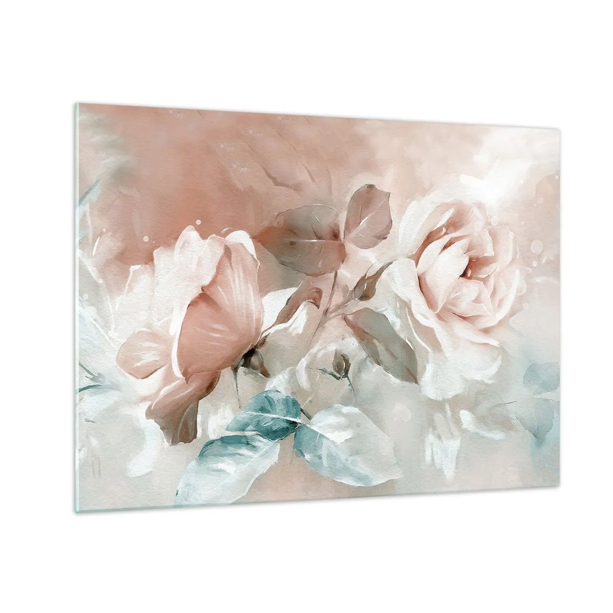 Quadro em vidro - Delicadas rosas em aquarela pastel sobre fundo claro - 70x50cm - O espírito do romantismo - Decoração de parede moderna para a sala de estar e quarto ARTTOR
