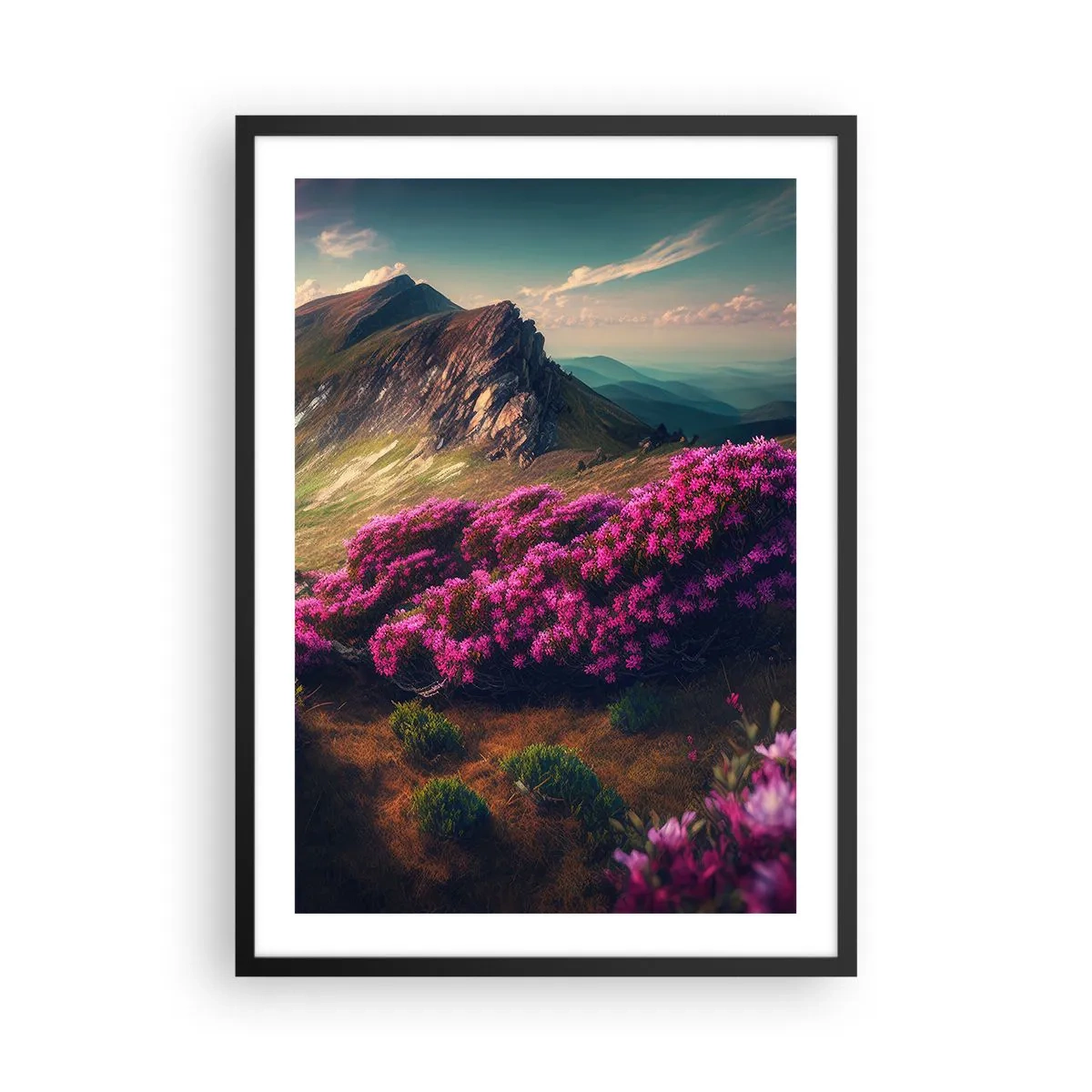 Pôster com moldura preta - Paisagem montanhosa com rododendros em flor - 50x70cm - Verão nas montanhas - Decoração de parede moderna para a sala de estar e quarto ARTTOR