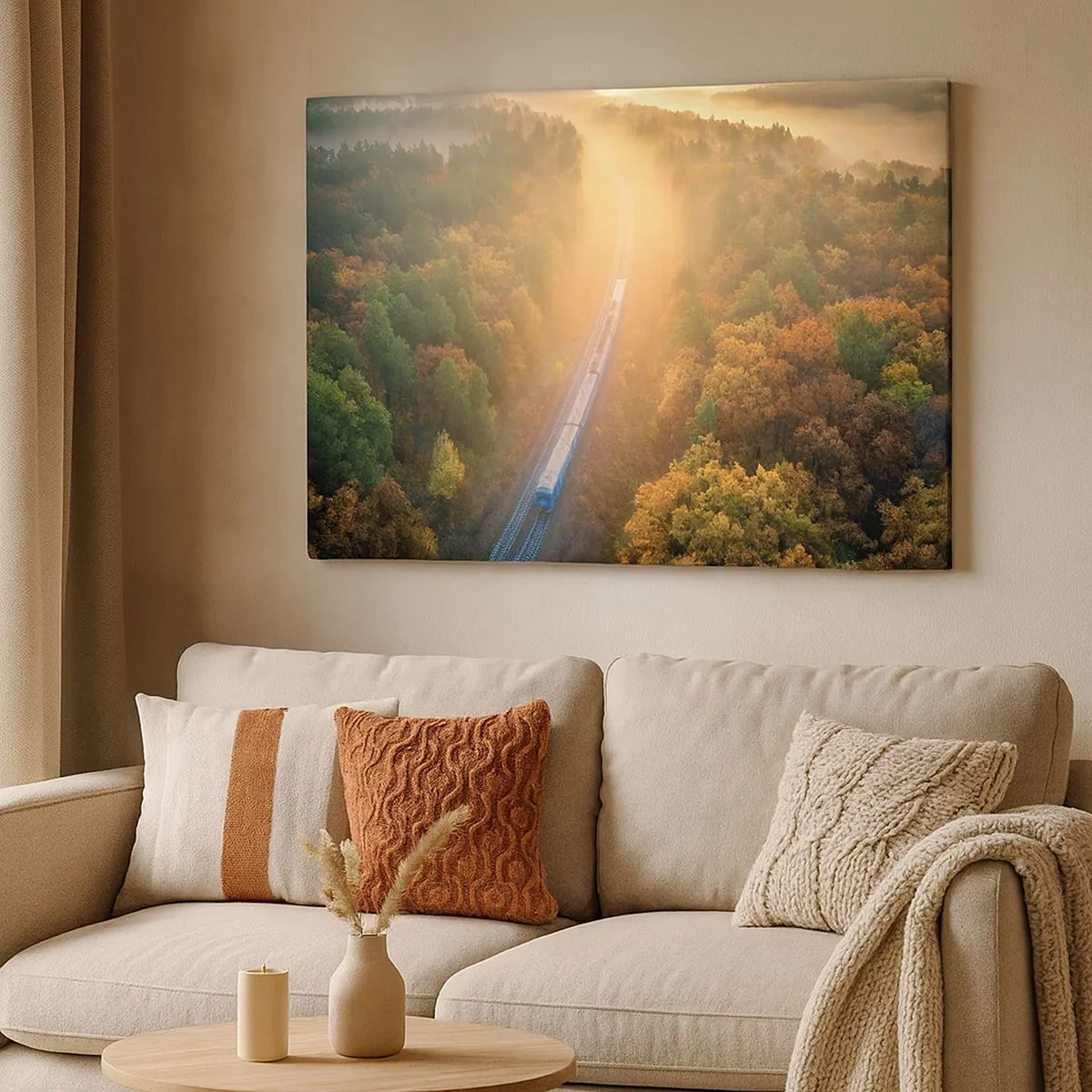 Quadro em tela - Um trem em uma floresta de outono ao amanhecer - 70x50cm - Uma viagem de outono - Decoração de parede moderna para a sala de estar e quarto ARTTOR