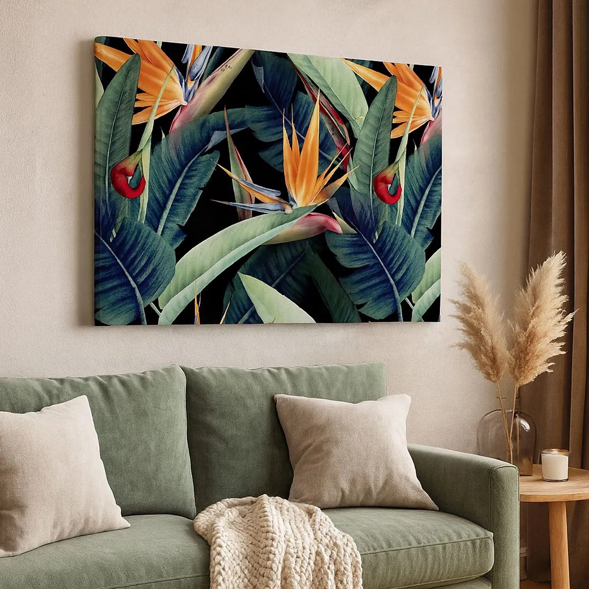 Quadro em tela - Flores e folhas tropicais em um fundo preto - 70x50cm - Flores ardentes dos trópicos - Decoração de parede moderna para a sala de estar e quarto ARTTOR