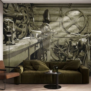 Papel de Parede Premium Sand - No depósito do tio Jorge - Moto, Loja de reparação de carros, Vintage - 250x175 cm