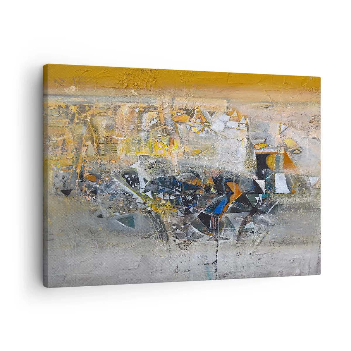Quadro em tela - Abstração com tons dominantes de amarelo e cinza - 70x50cm - Tudo vai se encaixar - Decoração de parede moderna para a sala de estar e quarto ARTTOR
