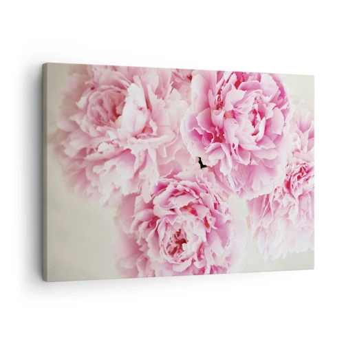 Quadro em tela - Um buquê de peônias rosa em um fundo claro - 70x50cm - Em esplendor rosa - Decoração de parede moderna para a sala de estar e quarto ARTTOR