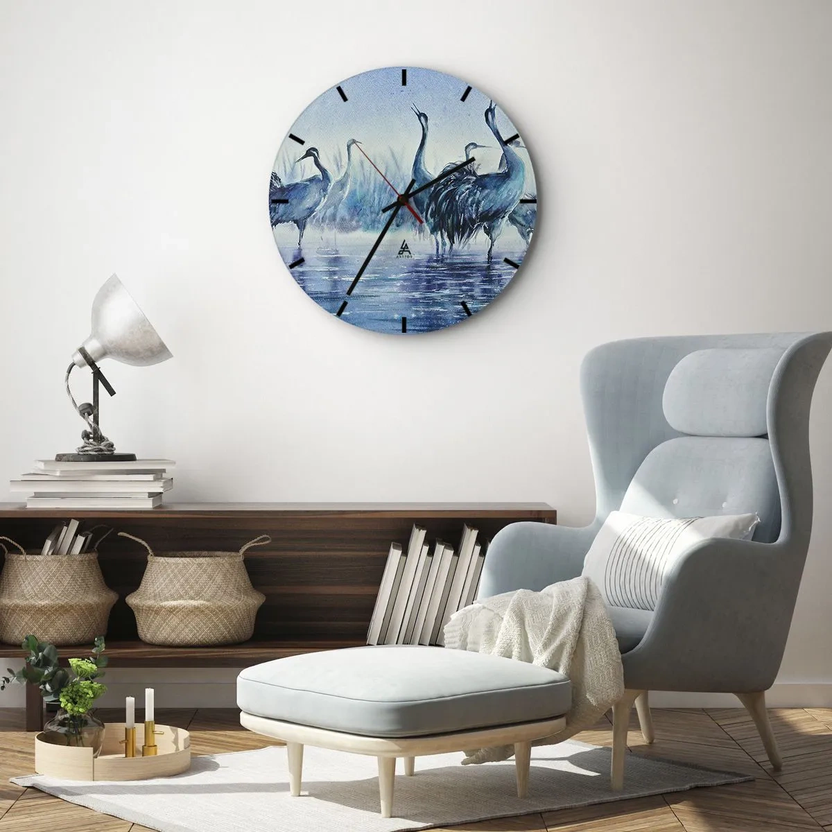 Relógio de parede - Relógio em vidro - Pintura em aquarela de aves pernaltas - 30x30cm - Reunião matinal - Decoração de parede moderna para a sala de estar, cozinha e quarto ARTTOR