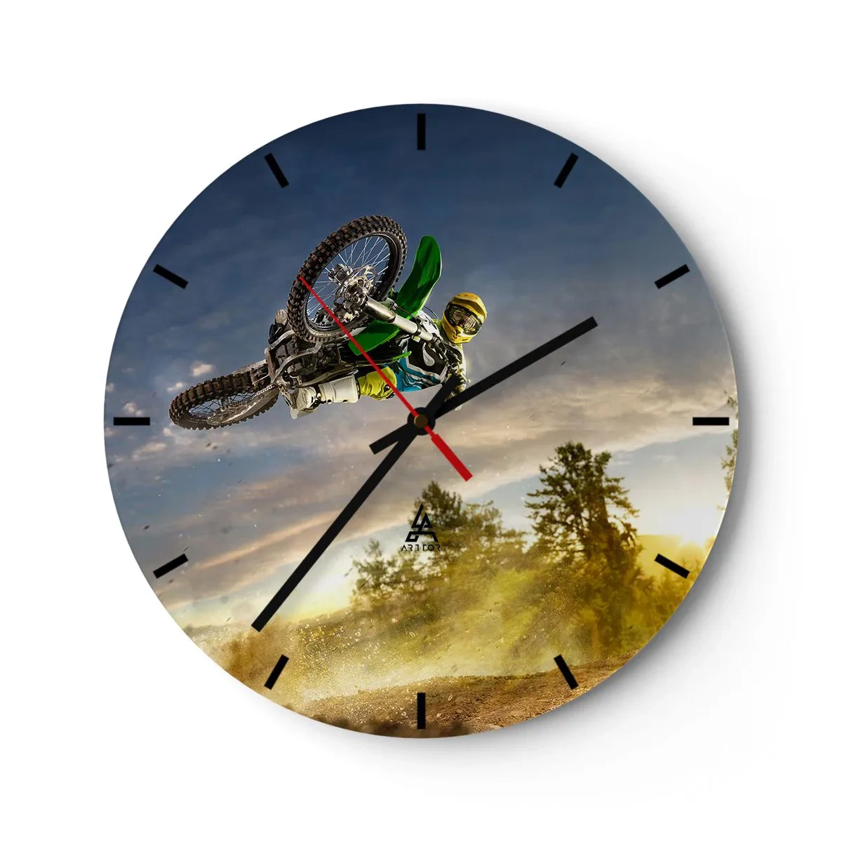 Relógio de parede - Relógio em vidro - Motocross com o pôr do sol como pano de fundo - 30x30cm - Hora da aventura! - Decoração de parede moderna para a sala de estar, cozinha e quarto ARTTOR