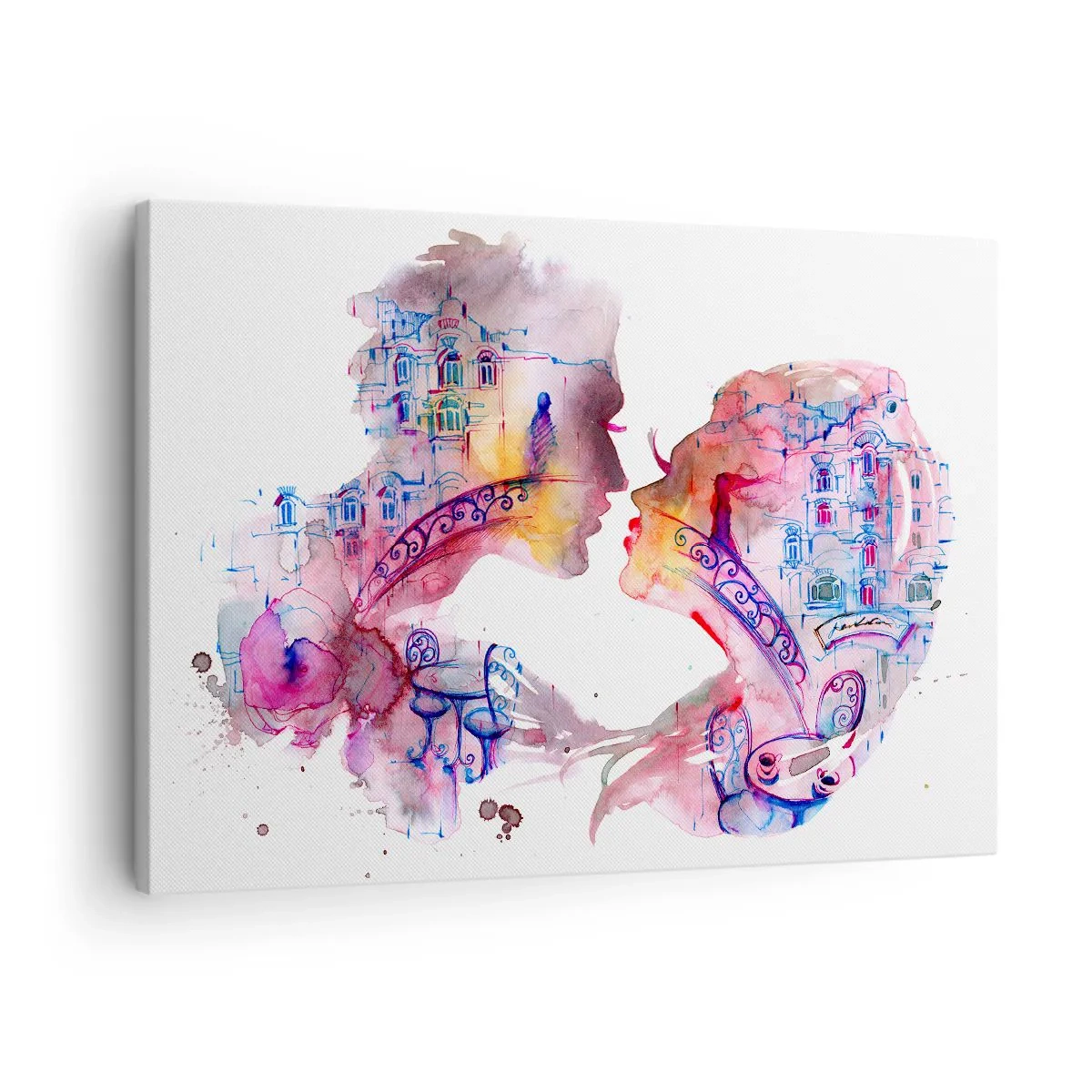 Quadro em tela - Uma aquarela romântica retratando as silhuetas dos amantes - 70x50cm - A ponte secreta dos suspiros - Decoração de parede moderna para a sala de estar e quarto ARTTOR