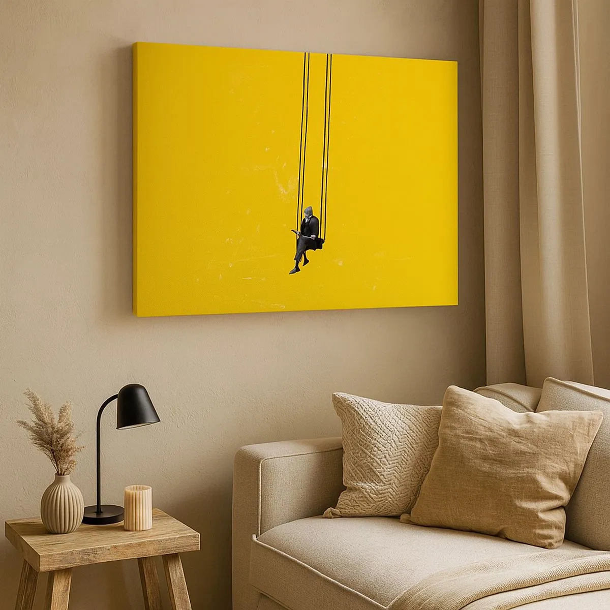 Quadro em tela - Uma pessoa em um balanço contra um fundo amarelo intenso - 70x50cm - Dia como todos os dias - Decoração de parede moderna para a sala de estar e quarto ARTTOR