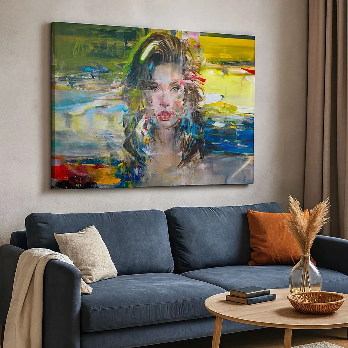Quadro em tela - Retrato abstrato de uma mulher em cores intensas - 70x50cm - Atrás da cortina de ar - Decoração de parede moderna para a sala de estar e quarto ARTTOR