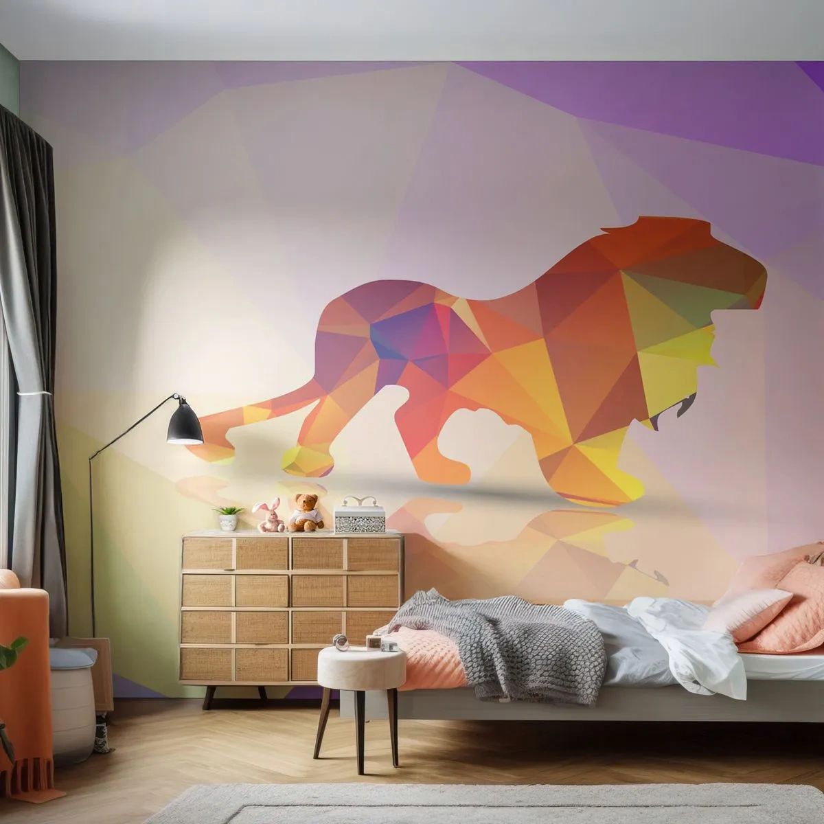 Papel de Parede Premium Canvas - O rei em diamante - Animais, Leão, Figura Geométrica - 250x175 cm