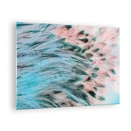 Quadro em vidro - Close-up de penas em tons de rosa safira - 70x50cm - Penugem safira-rosa - Decoração de parede moderna para a sala de estar e quarto ARTTOR