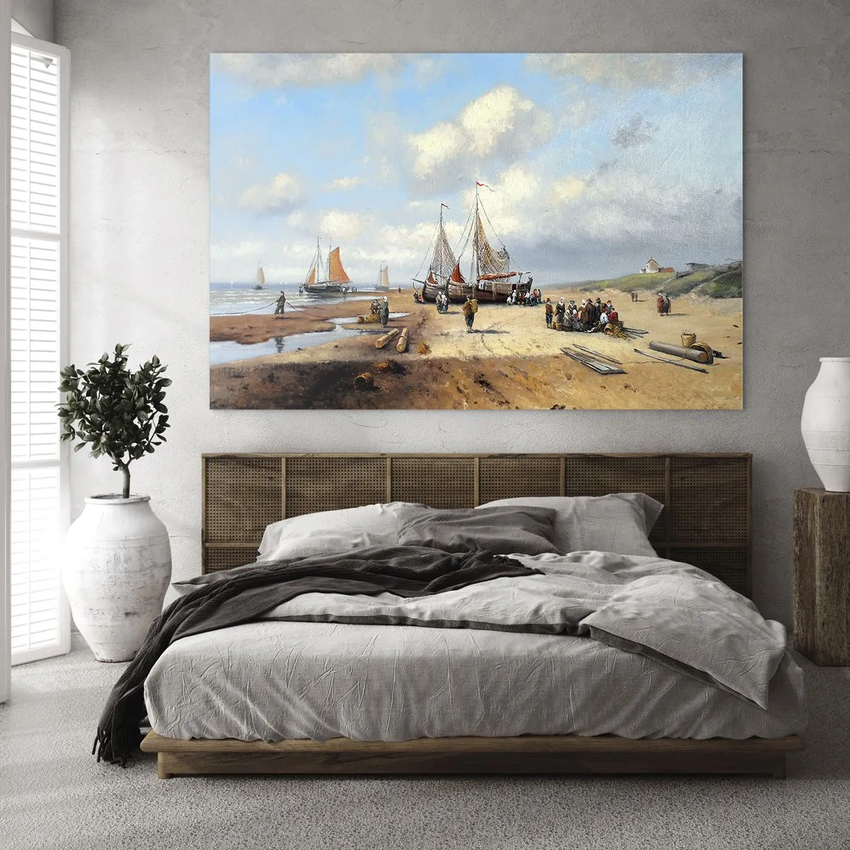 Quadro em vidro - Cena de praia com barcos de pesca e pessoas pescando - 70x50cm - Pós-caça bem-sucedida - Decoração de parede moderna para a sala de estar e quarto ARTTOR